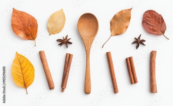 Fototapeta Cinnamon sticks and a wooden spoon with ground cinnamon powder were ejected onto a white background in the style of offset sailing for a food photo