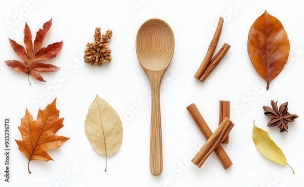 Fototapeta SCinnamon sticks and a wooden spoon with ground cinnamon powder were ejected onto a white background in the style of offset sailing for a food photo