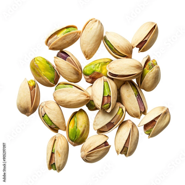 Fototapeta Close-up of fresh, tasty pistachio nuts in shells, isolated on a white background. Perfect healthy snack or ingredient for recipes.