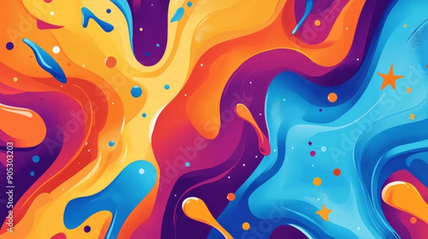 Fototapeta A cheerful color splash abstract cartoon background with splashes of blue, orange, and purple. The playful design includes starbursts and wavy lines, adding a fun and imaginative feel.