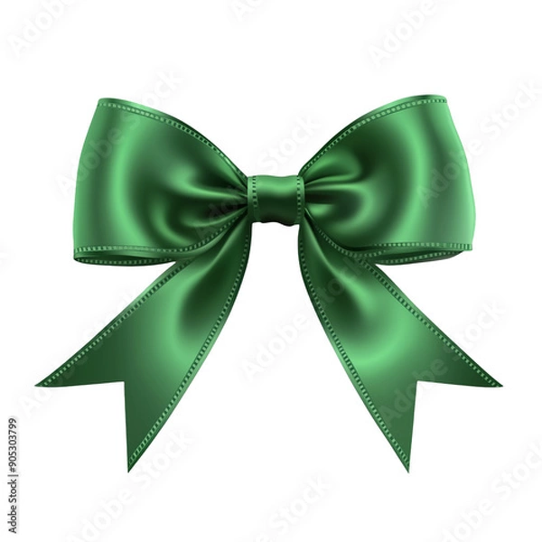 Fototapeta Green satin bow with central knot and flowing ribbons isolated on transparent background on a transparent background