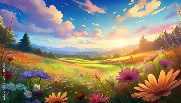 Obraz Vibrant meadow with colorful wildflowers and a gentle breeze at midday