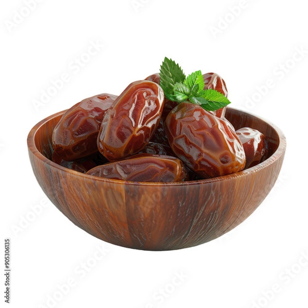 Fototapeta Dates presented in a wooden bowl with a mint leaf on a transparent background