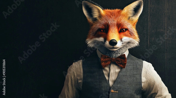 Fototapeta Portrait of a handsome fashionable fox. The fox is wearing a sleek vest and a bow tie, striking a confident and stylish pose.