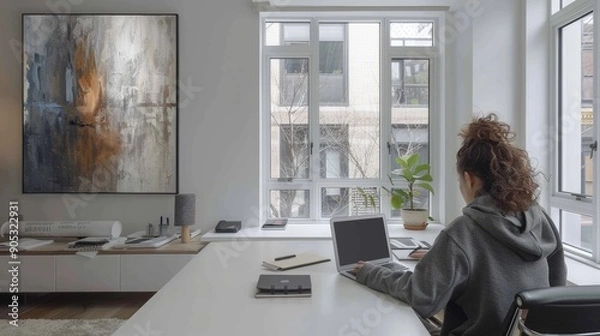 Fototapeta Modern Home Office Setup With Natural Light and Artwork in a Cozy Environment. Generative AI