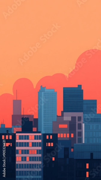 Fototapeta Stunning city skyline at sunset with vibrant colors illuminating the buildings and clouds, creating a captivating urban landscape.