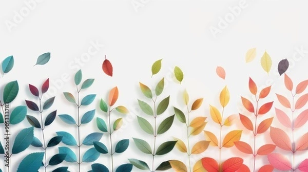 Obraz A minimalist border design featuring a spectrum of colorful foliage in a rainbow pattern. The image includes generous copy space, making it suitable for various creative projects that require a