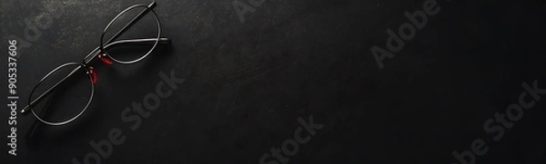 Fototapeta Solid Black Background with Glasses and Financial Report, Ample Copy Space