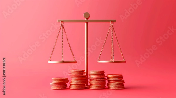 Fototapeta A golden scale balances above stacks of coins, symbolizing fairness and financial justice in a vibrant, modern design.
