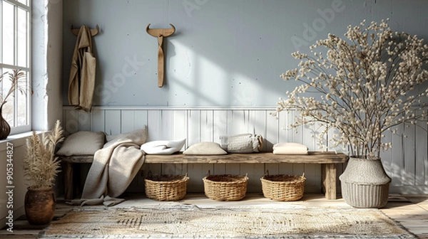 Fototapeta A room with a wooden bench and a vase of flowers