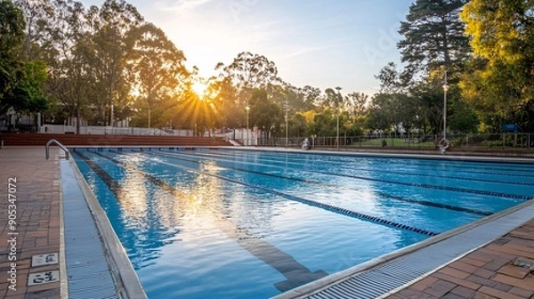 Fototapeta A quiet and empty public pool, with no swimmers in sight. The water is still, and the pool area is clean and tidy, with the sun setting in the background. This image captures the end of the summer