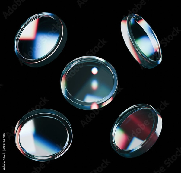 Obraz Colorful Glass 3d coins rendered with light distortion trendy dispersion