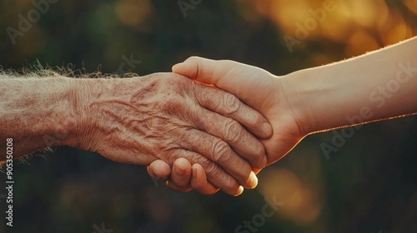 Fototapeta A Close up hands of senior woman and a little young boy. Symbolic of 2 different generations.