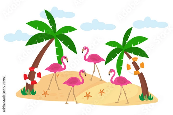 Fototapeta illustration of a tropical island view in summer with a collection of beautiful flamingos. Web banner, summer time wallpaper and landscape background.