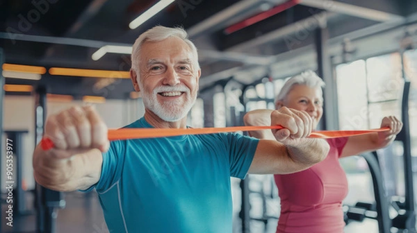 Obraz senior man and woman doing sport stretching exercises standing in gym indoor.