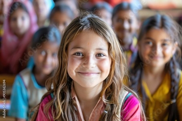 Fototapeta A charming young schoolgirl smiling at the camera with confidence, surrounded by classmates