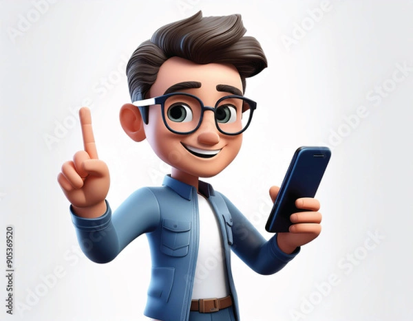 Fototapeta A young 3D animated character wearing glasses and holding a smartphone, smiling and pointing up.
