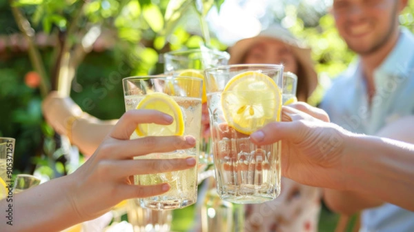 Fototapeta Friends Toasting with Refreshing Lemonade in a Sunny Garden During a Summer Gathering