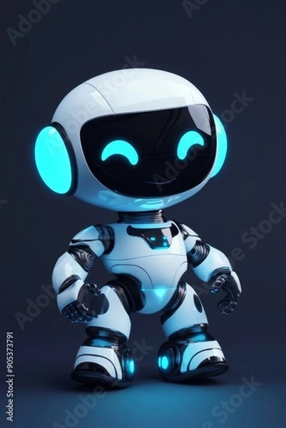 Fototapeta Friendly Futuristic Robot with Blue Lighting Standing Alone