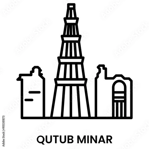 Obraz Qutub Minar, Delhi, India. minimalist line art icon, a historical landmark for web, mobile apps and UI.