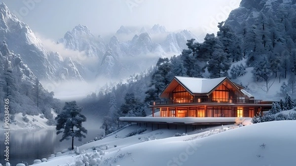 Obraz Rustic Cozy Cabin in Snowy Mountain Landscape,Tranquil Winter Retreat with Frozen Lake