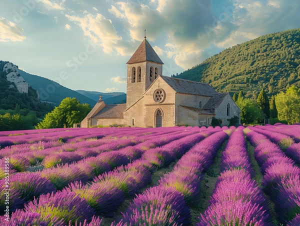 Fototapeta  a beautiful church surrounded by a field of lavender. The church has a tall tower and a pointed roof, and it is nestled in a valley with mountains in the background.