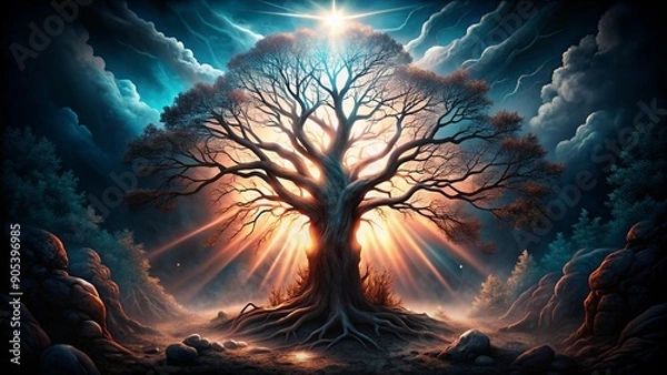 Fototapeta Dying Tree with Light Beams in Forest