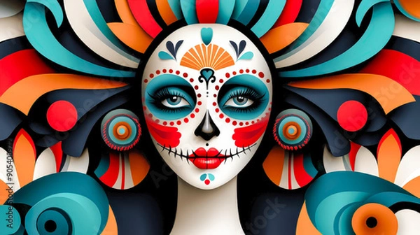 Obraz Striking Female Portrait of Dia de los Muertos La Catrina with Elegant Red Roses and Intricate Face Paint Celebrating Mexican Tradition and Culture Brainstorming Digital Art
