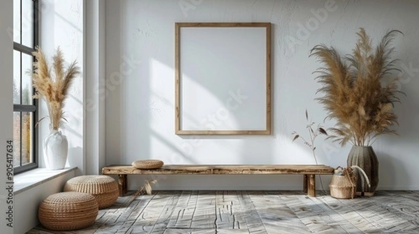 Fototapeta Blank picture frame mock-up on wall. clean minimalist interior, frame mock-up, modern home space.