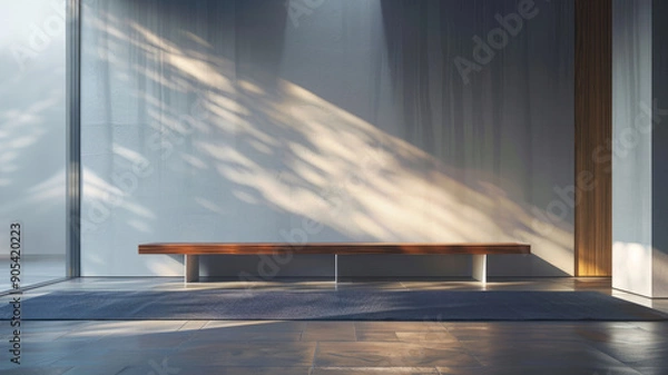 Fototapeta Modern bench bathed in sunlight with shadows on wall