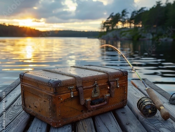 Fototapeta A fishing rod with an suitcase on the dock