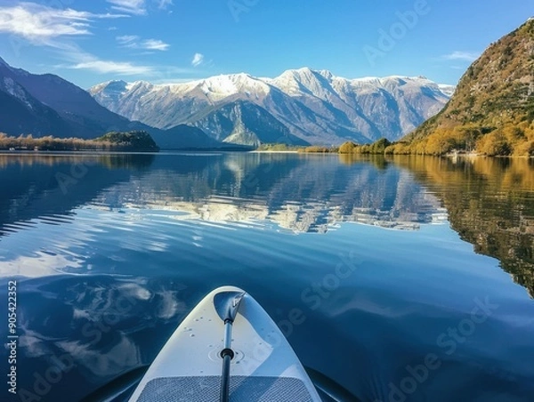 Fototapeta paddleboard resting in a serene lake surrounded by snow-capped mountains, reflecting the clear blue sky in a scenic, winter landscape