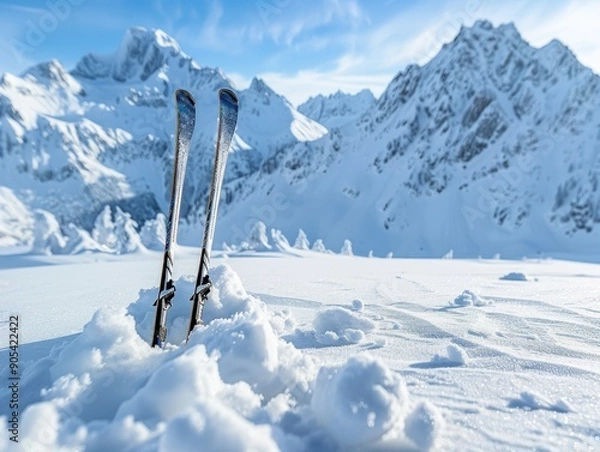Fototapeta A pair of ski poles resting on fresh snow in panoramic winter scene with snow mountains