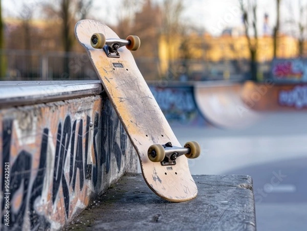 Fototapeta A skateboard leaning against a concretewall in skatepark