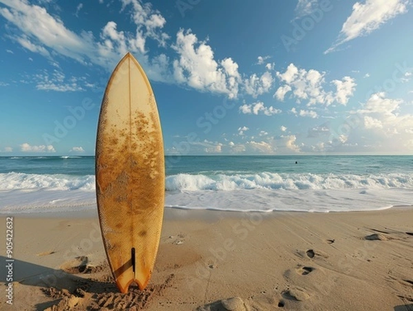 Fototapeta A  sandy beach with surfboards and the ocean in the background