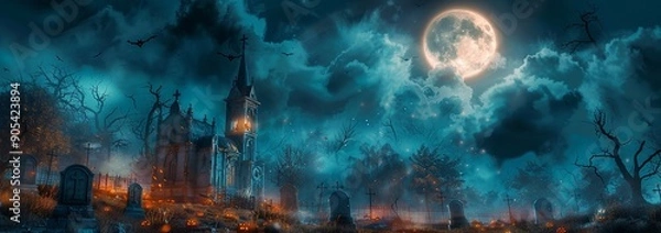 Fototapeta Wide web dark horizontal banner with tombstones, ominous clouds, full moon, old church with light in window, spooky graveyard, Halloween concept with copy space. Abandoned cemetery, with Bats and fire