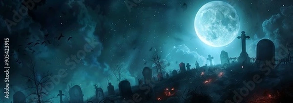 Fototapeta Wide web horizontal banner with tombstones, ominous clouds, full moon, spooky graveyard, Halloween concept design with copy space. Old abandoned cemetery on hill. Bats fly, smoldering fire.