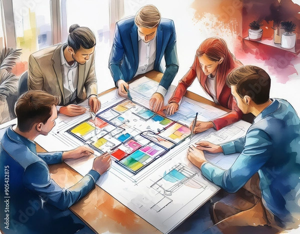 Fototapeta Group of co-workers on a meeting solving a project.