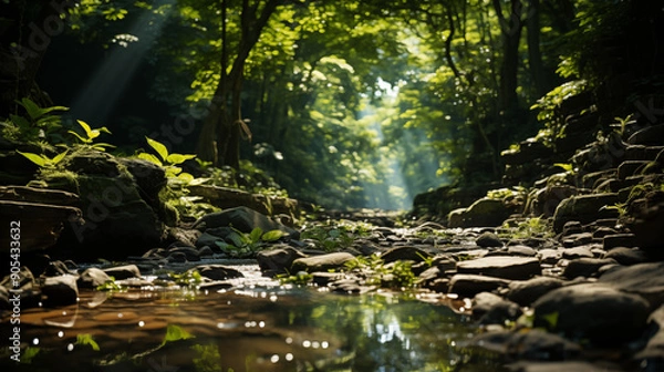 Obraz Serene Forest Stream with Sunlight Filtering Through Trees in a Lush Green Woodland