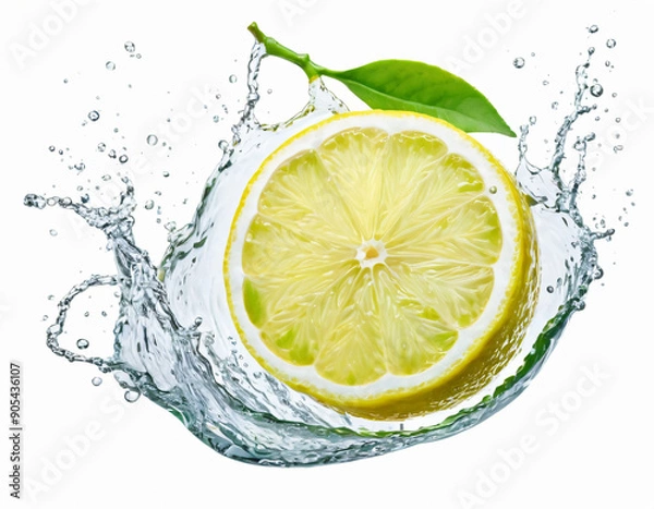 Fototapeta lemon slice in water splash, isolated white background