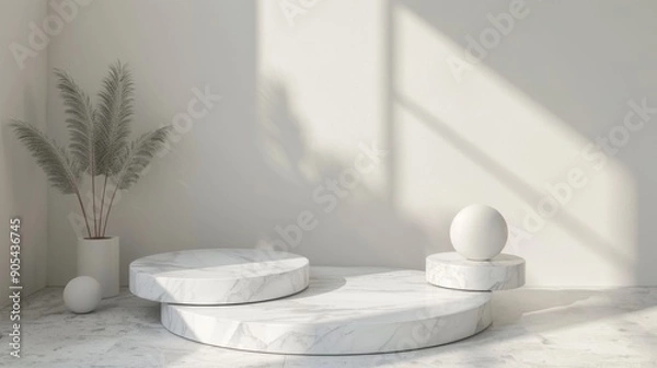 Fototapeta 3d rendering geometric forms. Blank podium display in white marble color. Minimalist pedestal or showcase scene for present product and mock up