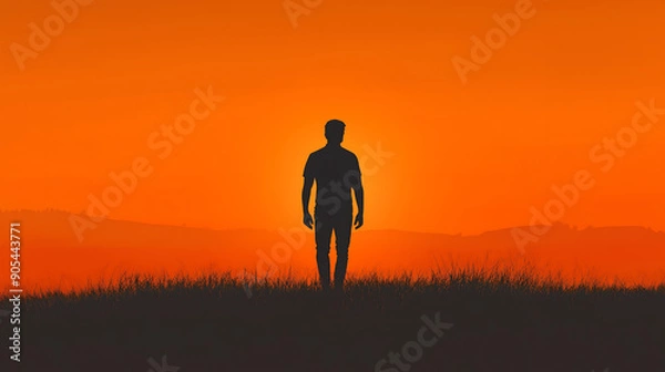 Fototapeta Silhouette of man standing on grassy field against orange sky at sunset, 3D rendering illustration with copy space for text