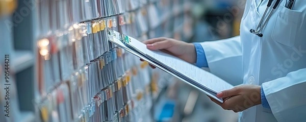 Fototapeta A medical professional reviews patient files in a healthcare facility, showcasing organization and efficiency in medical records management.