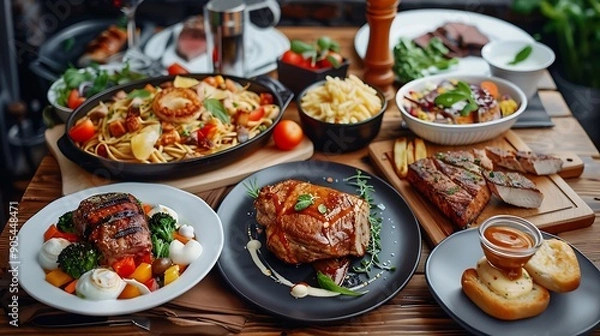 Fototapeta A detailed image of a gourmet meal on a rustic wooden table, featuring a variety of dishes with rich textures and colors. The realistic depiction of the food makes it appear mouthwateringly