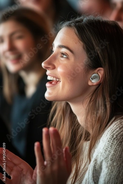 Fototapeta Young deaf music teacher with hearing aids singing with the children in class