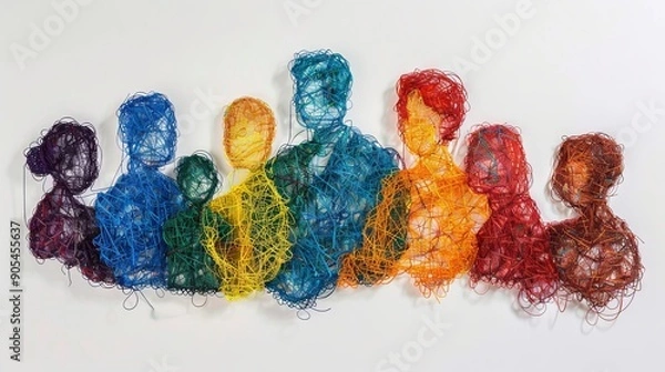 Fototapeta Connected by threads. A vibrant representation of familial bonds, showcasing abstract figures united through colorful threads, symbolizing the complexities and beauty of kinship.
