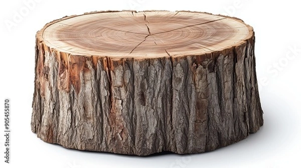 Fototapeta side view on one single wooden tree stump isolated on white background