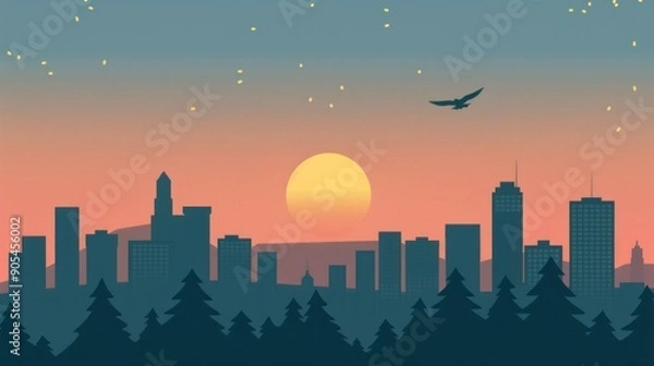 Obraz City skyline sunset with bird. A tranquil silhouette of a city skyline against a vibrant sunset, with a bird soaring through the evening sky.