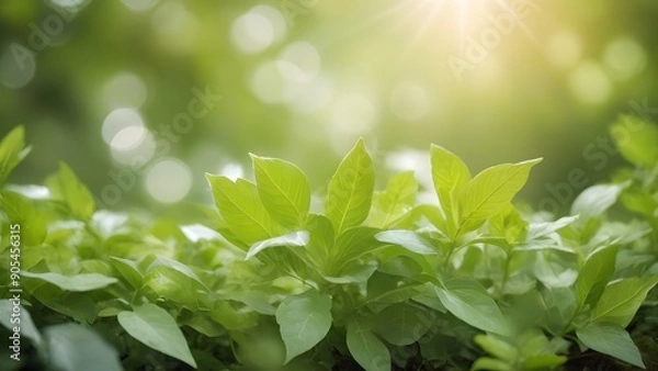 Fototapeta Beautiful natural spring summer defocused background with fresh lush foliage and bokeh in nature.