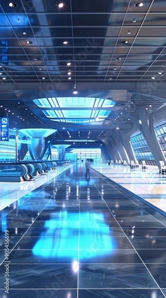 Fototapeta High-tech airport terminal with holographic flight information